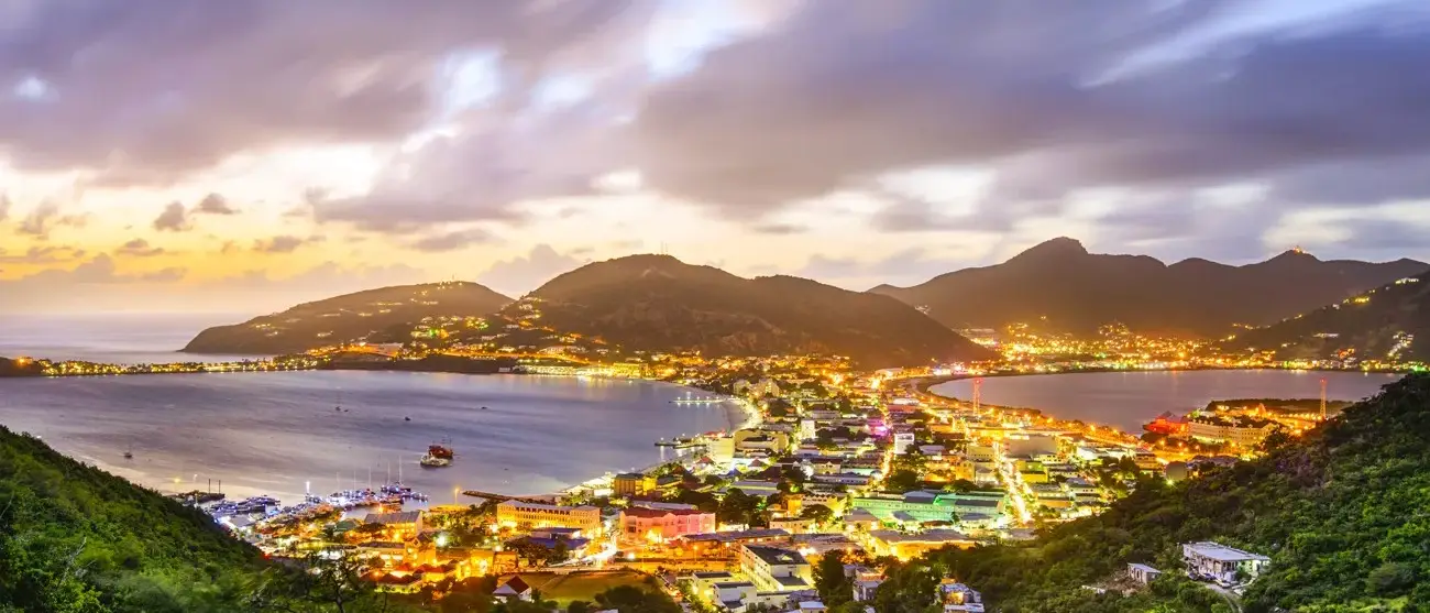 Philipsburg, Sint Maarten, Dutch Antilles cityscape at the Great Salt Pond