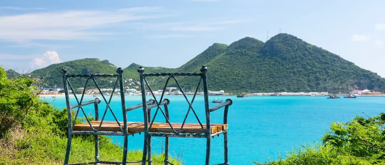 Seat at overlook viewpoint over Philipsburg in Sint Maarten St Martin Caribbean