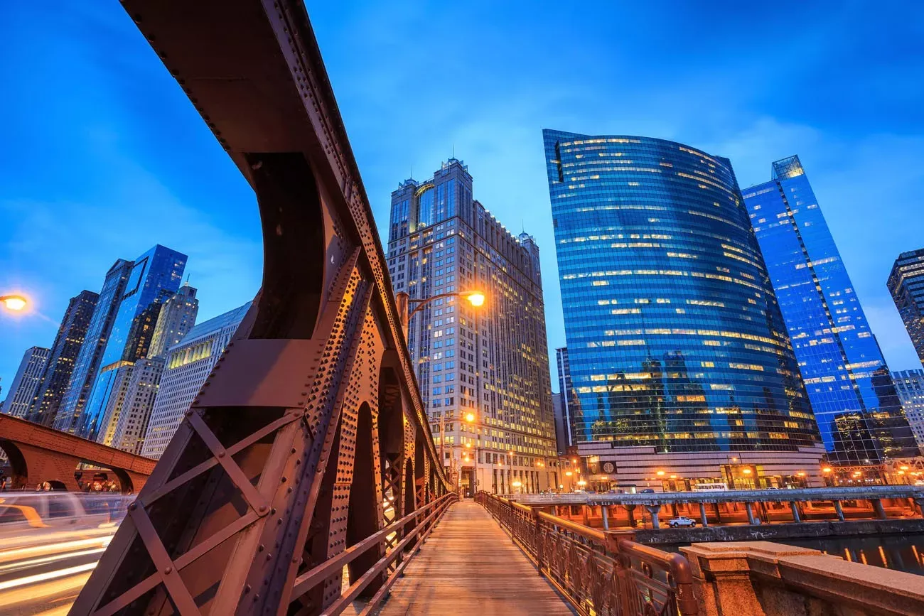 Chicago downtown and Chicago River at night