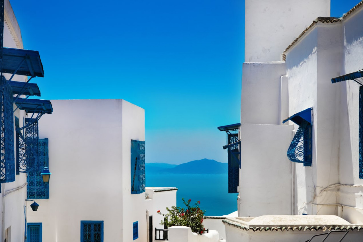 Sidi Bou Said. La Gulett, Tunísia. Branco e azul cidade