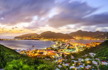 Philipsburg, Sint Maarten, Dutch Antilles cityscape at the Great Salt Pond