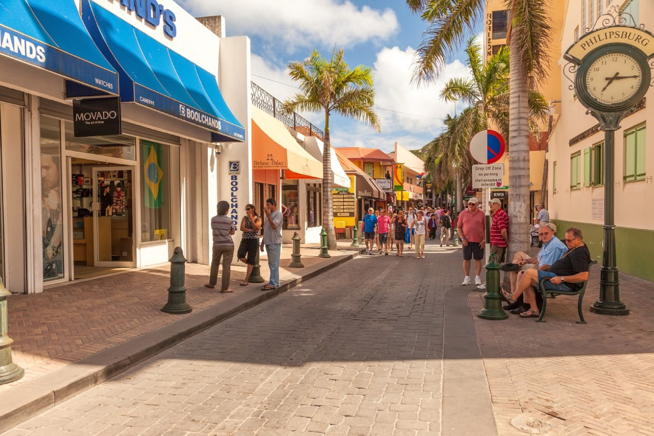 Tourists shop along Front Street, the busiest street in Philipsburg for souvenirs