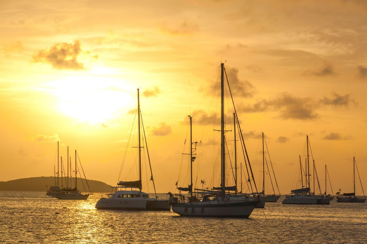 Moored sailboats in a St. Martin Harbor at sunset