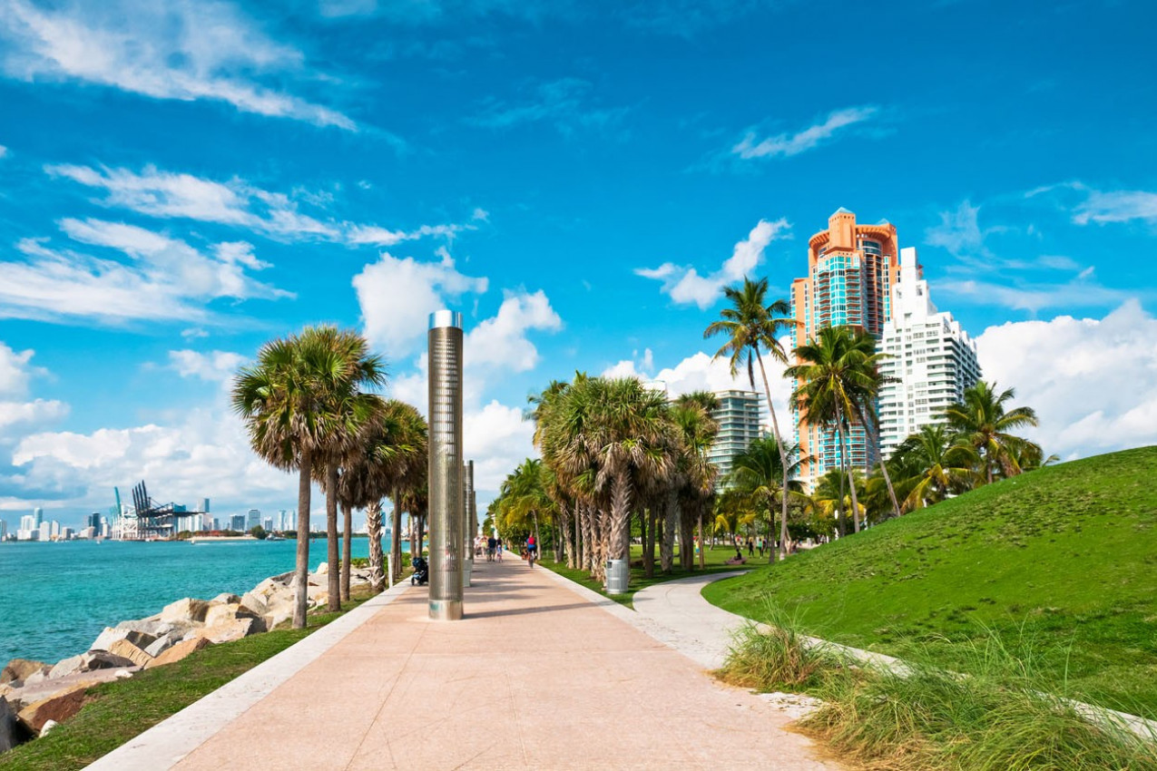 Walkway in a the beautiful park South Pointe in Miami Beach, Florida