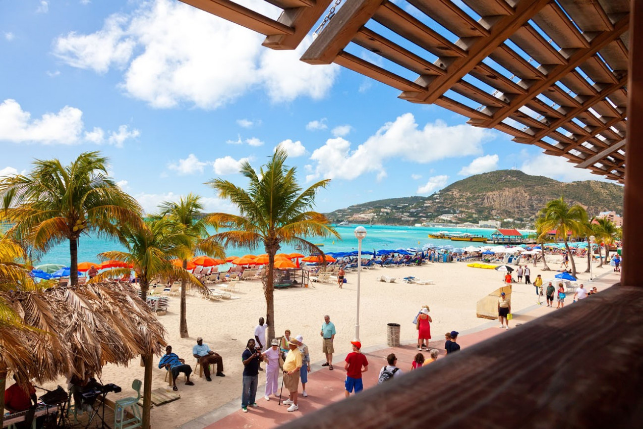 Tourists on Great Bay Beach in St. Maarten